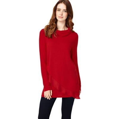 Phase Eight Red Woven Hem Roll Neck Top